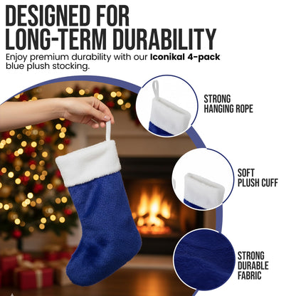 Iconikal 4-Pack Blue Plush Fabric Christmas Stocking, 18-inches Tall, Festive Decor