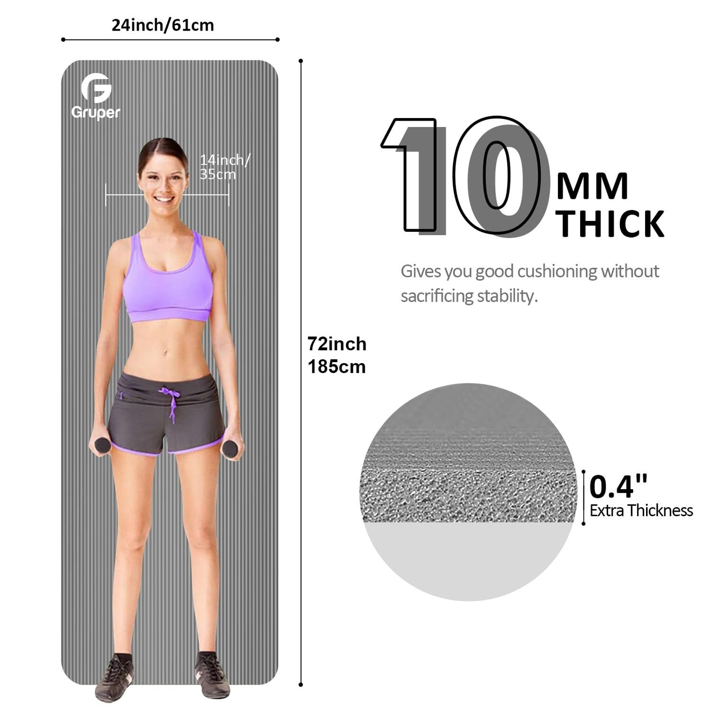Yoga Mat Non Slip NBR Thick Yoga Mat, 72"L x 32"/24"W x 0.6"/0.4"TH (185cm x 80cm/61cm x 15mm/10mm), Anti-Tear Exercise Mat with Carrying Strap and Bag, Workout Mats for Yoga, Pilates, Floor Exercises