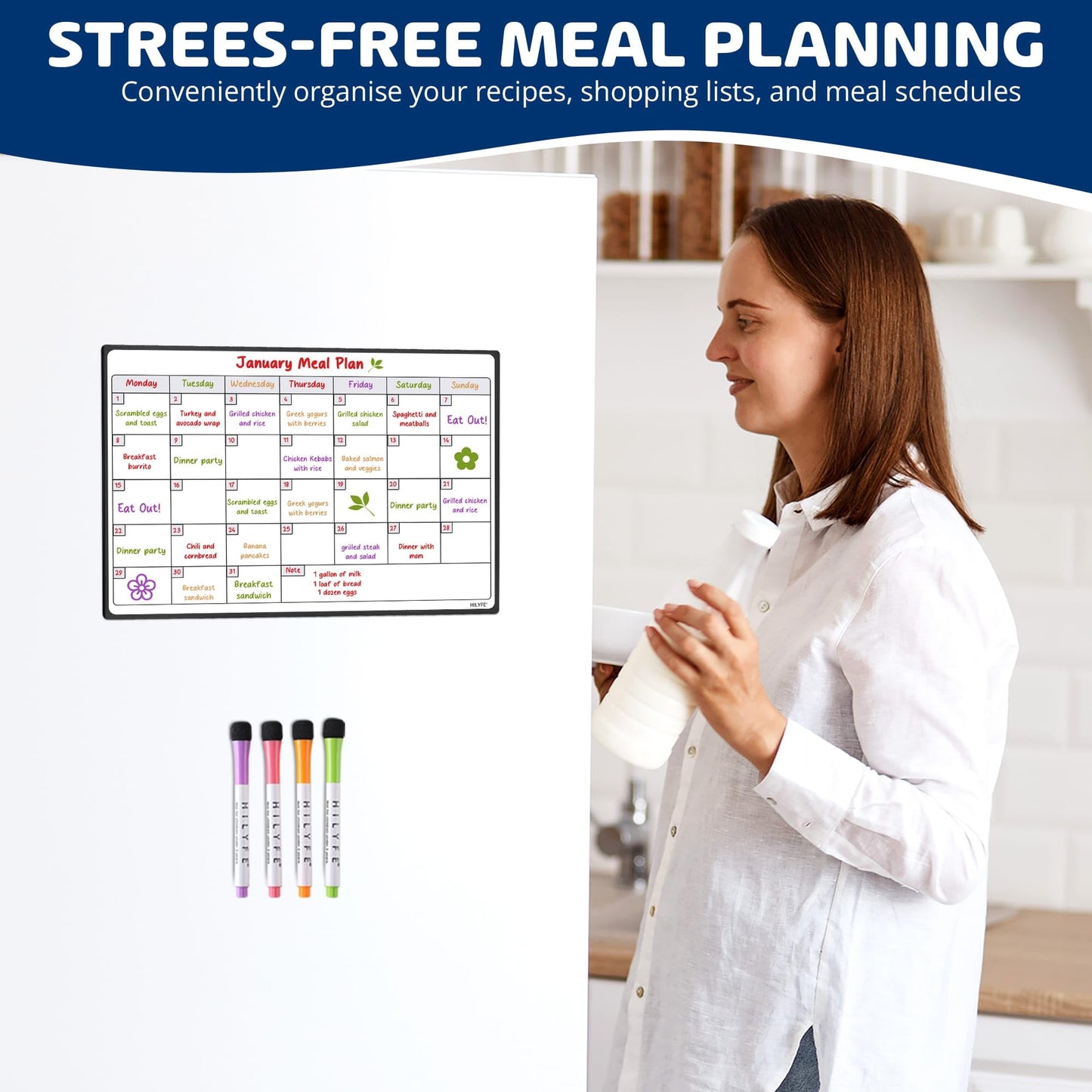 HILYFE Monthly Planner Whiteboard A3- Magnetic Fridge Calendar for Cupboard & Wall with 4 Dry Erase Markers - Meal Planning Memo Board - Task Planning and Event Reminder Notice Board