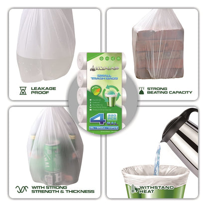 220 Counts Aklyaiap 4 Gallon Trash Bag,Tear & Leak Resistant Bathroom Biodegradable Small Garbage Can Bags Unscented for Home & Kitchen, 5Rolls, White