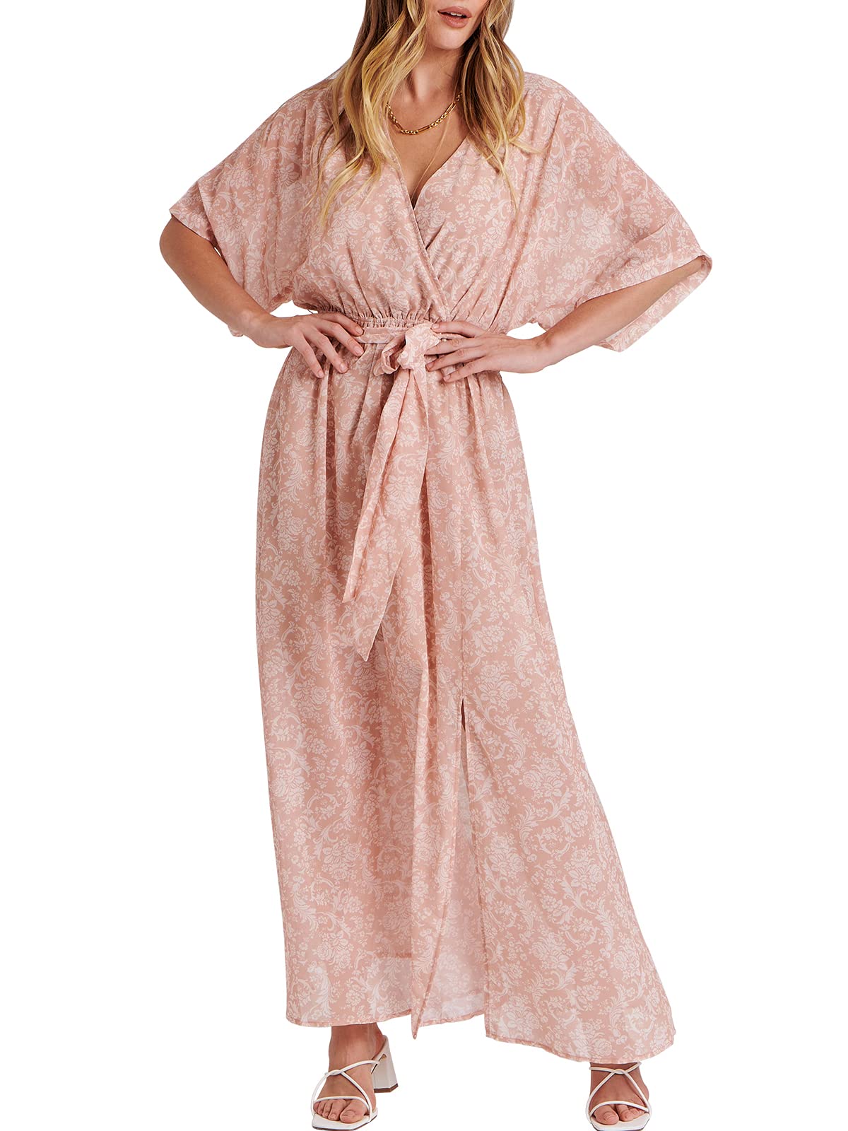 ANRABESS Womens 1/2 Sleeve Beach Wedding Guest Maxi Dresses 2025 Fall Wrap V Neck Boho Floral Flowy Slit Long Summer Dresses