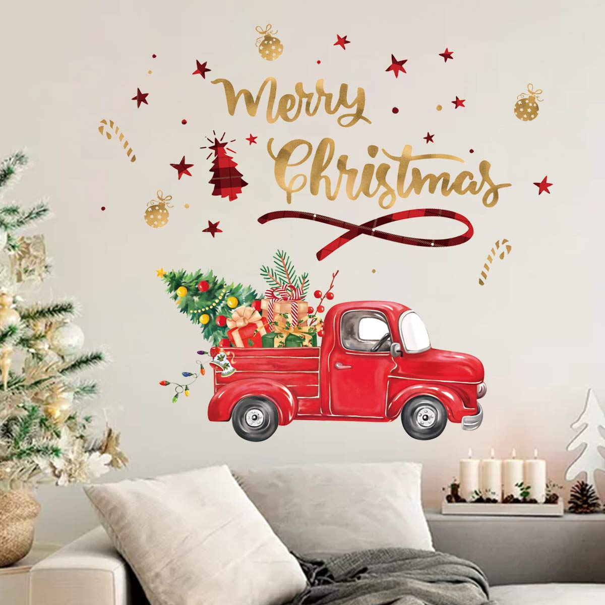 decalmile Merry Christmas Wall Decals Christmas Tree Truck Wall Stickers Dining Room Kitchen Door Window Glass Decoration Gifts