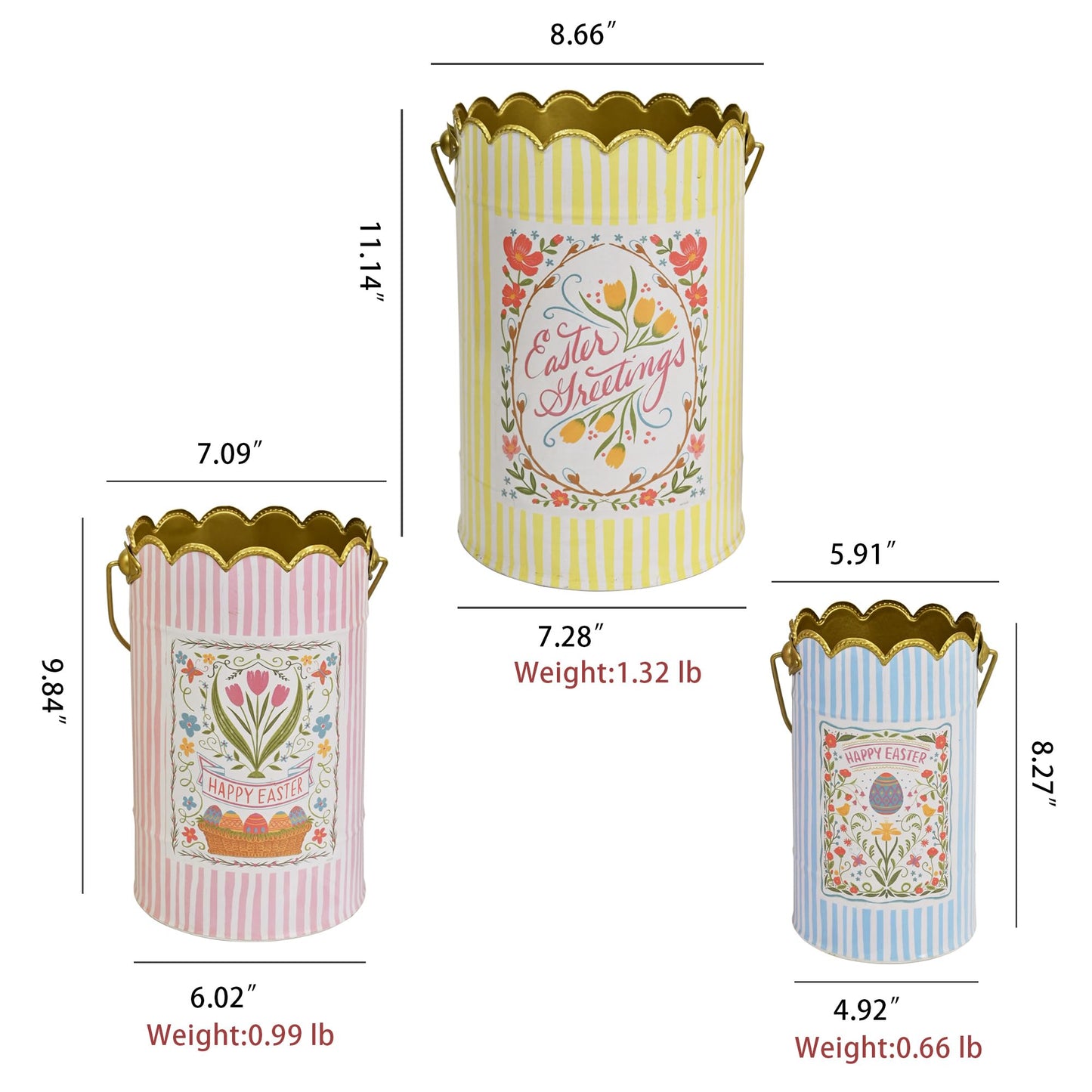Zorvynelle Set of 3 Metal Bucket with Handle Decorative Floral Basket Bucket Cute Striped Design Flower Planter for Easter, Gift Baskets, Garden & Home Decor