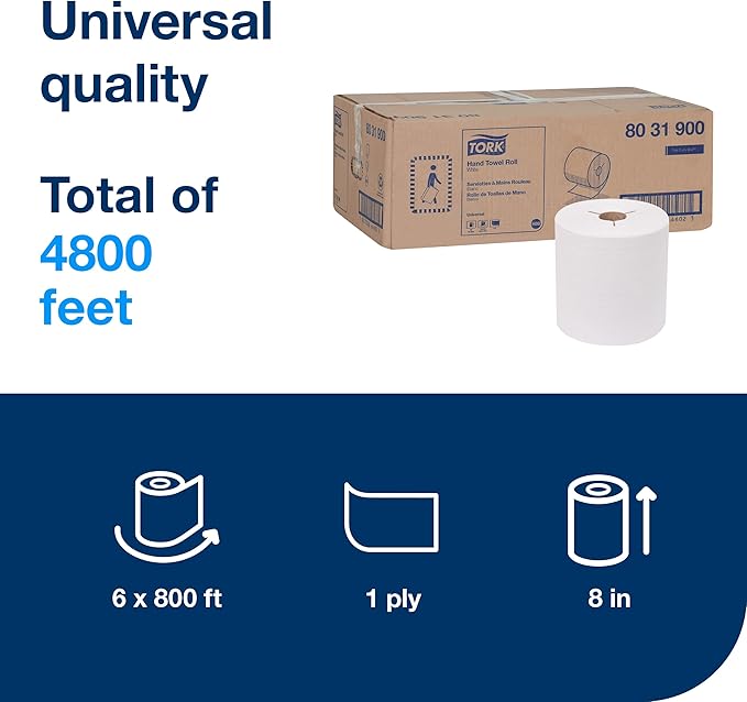 Tork Paper Hand Towel Roll White H80, 100% Recycled Fiber, 6 Rolls x 800 ft