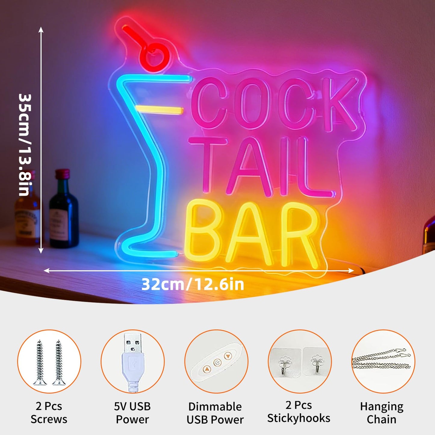 Cocktail Bar LED Neon Sign, Cocktail Glass Shape Light Up Sign, Bar Lounge Home Kitchen Restaurant Wall Table Window Decor, USB Powered Dimmable Decorative Neon Light 13.8 x 12.6 In