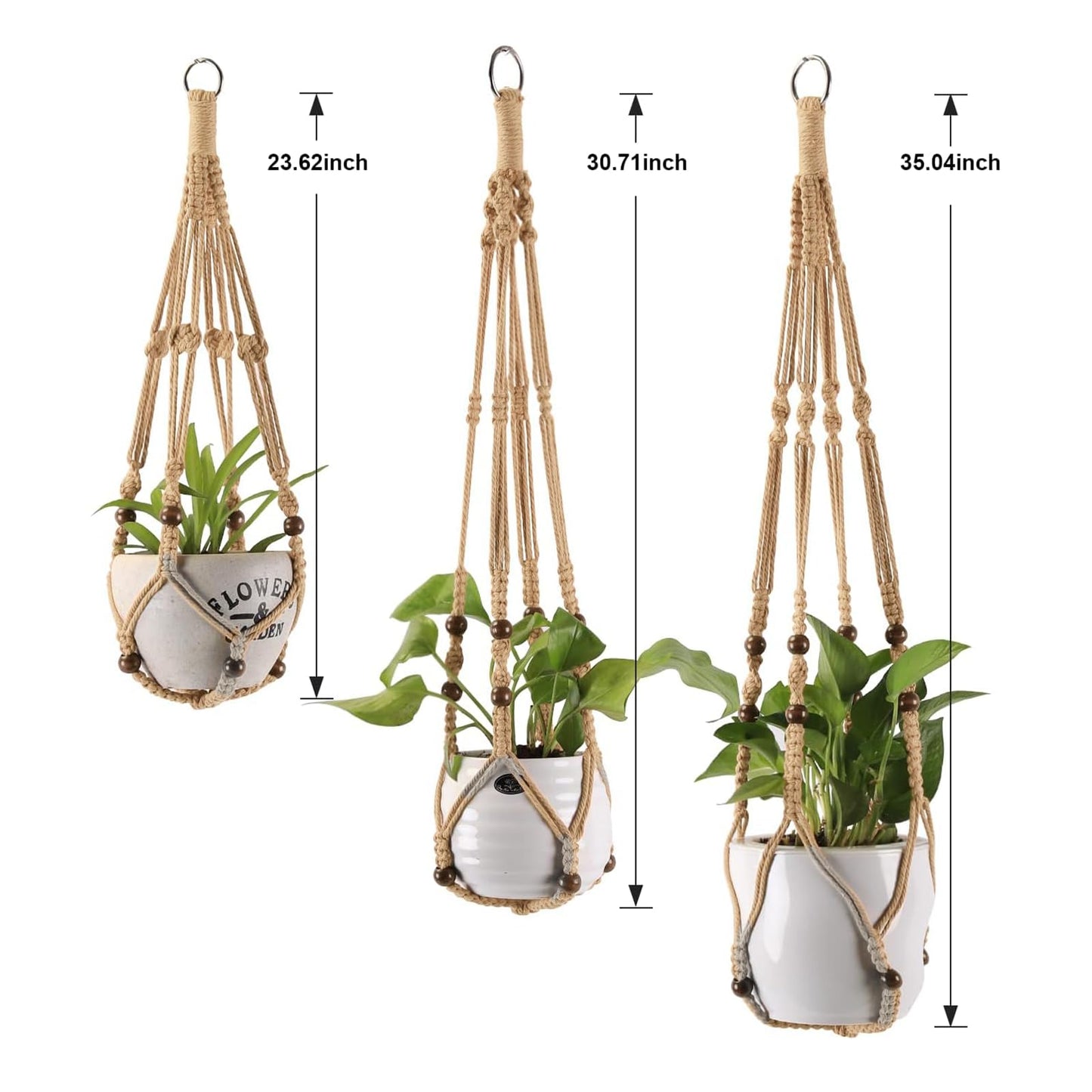 MKO SHUN 3-Pack Macrame Plant Hanger Indoor - Hanging Planter Basket for Indoor Outdoor - Decorative Boho Plant Holders Set with Beads - Ceiling Flower Pot Holder with 6 Hooks - 35"/30"/24" Linen