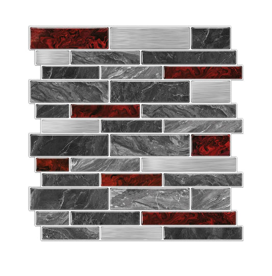 Alwayspon 10 Sheets 12" x12inch Black and Red Marble Effect Vinyl Tiles, Backsplash, Self-Adhesive Peel and Stick Wall Tile Stickers, Stick on Subway Tiles for Kitchen Bathroom Wall Decor