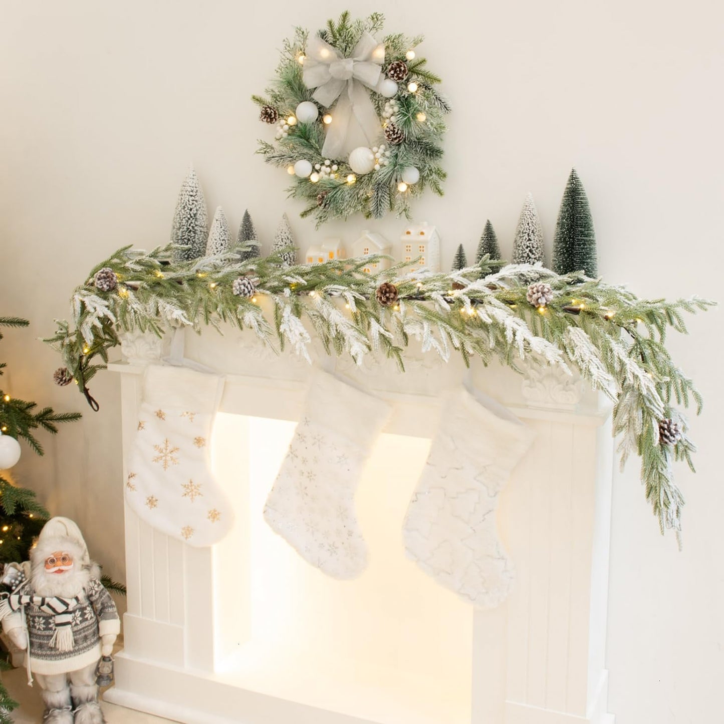 YoleShy 6FT Real Touch Norfolk Pine Garland Christmas Garland with Pinecone and White Snow Battery Operated Prelit Garland Christmas Decorations for Mantle Fireplace Xmas Home Decor