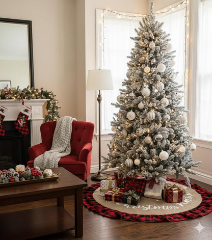 AISENO 48 Inch Christmas Tree Skirt Linen Burlap Buffalo Plaid Edge Decoration for Merry Christmas Party Red and Black Buffalo Christmas Tree Skirt Decorations