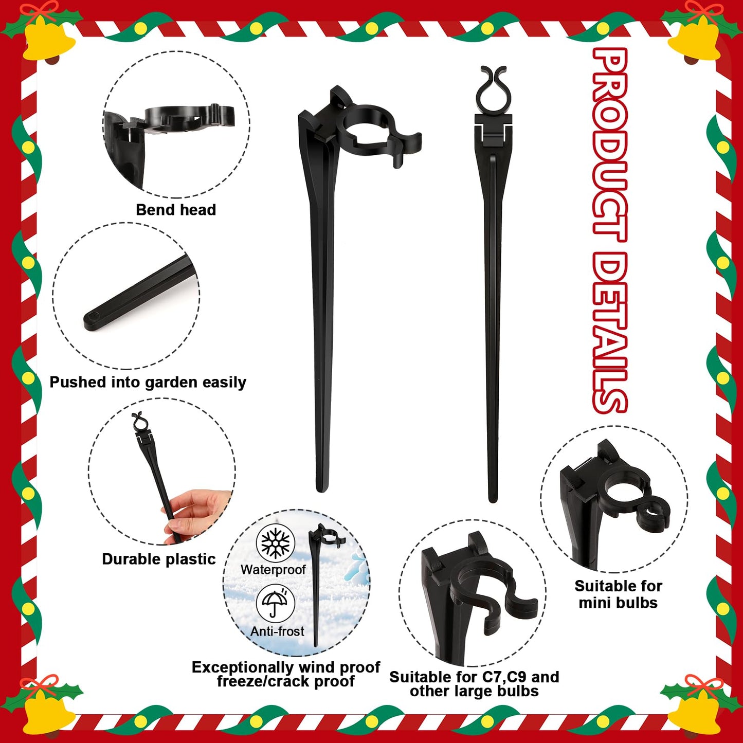 Augshy 100 Pack Christmas Light Stakes, 7.5 inch Yard Lawn Holiday Light Ground Stakes for C7 C9 Outside String Lights Universal Outdoor Light Holders for Christmas Decoration Garden Lawn Path Black