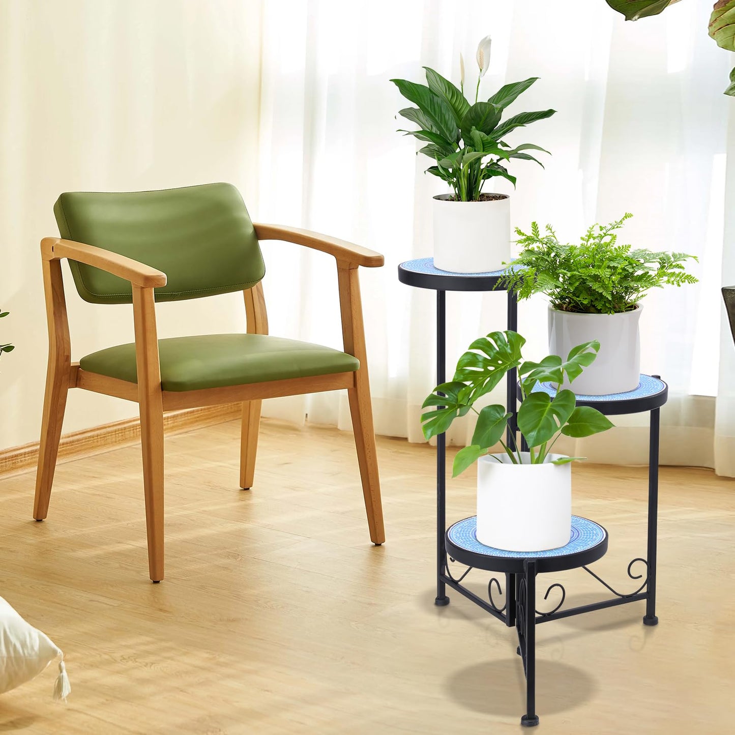 Chonsun Plant Stand Indoor 3 Tie Mosaic Metal Corner Shelf Outdoor Plant Pot Holder Folding Storage Corner Table Plant Shelves for Living Room