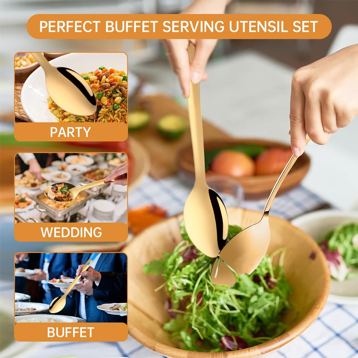 13-Inch Large Stainless Steel Serving Spoons Set, Long Handle Buffet Utensils, Dishwasher Safe (Gold, 6 piece)
