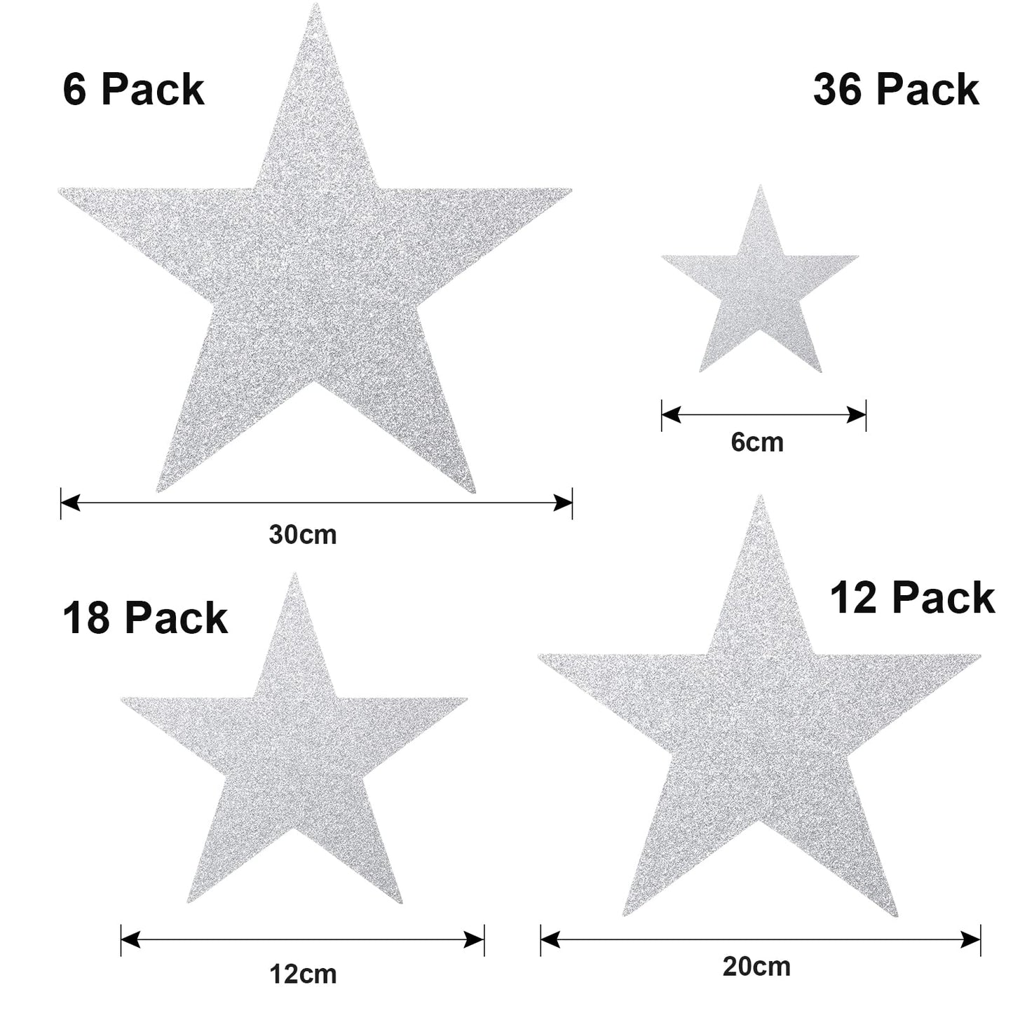 Boao 72 Pieces Silver Stars Shaped Cutouts Silver Cardboard Stars 4 Sizes 6cm/12cm/20cm/30cm Hanging Glitter Garlands with Nylon String for Wedding Birthday Party Graduation Classroom Wall Decor