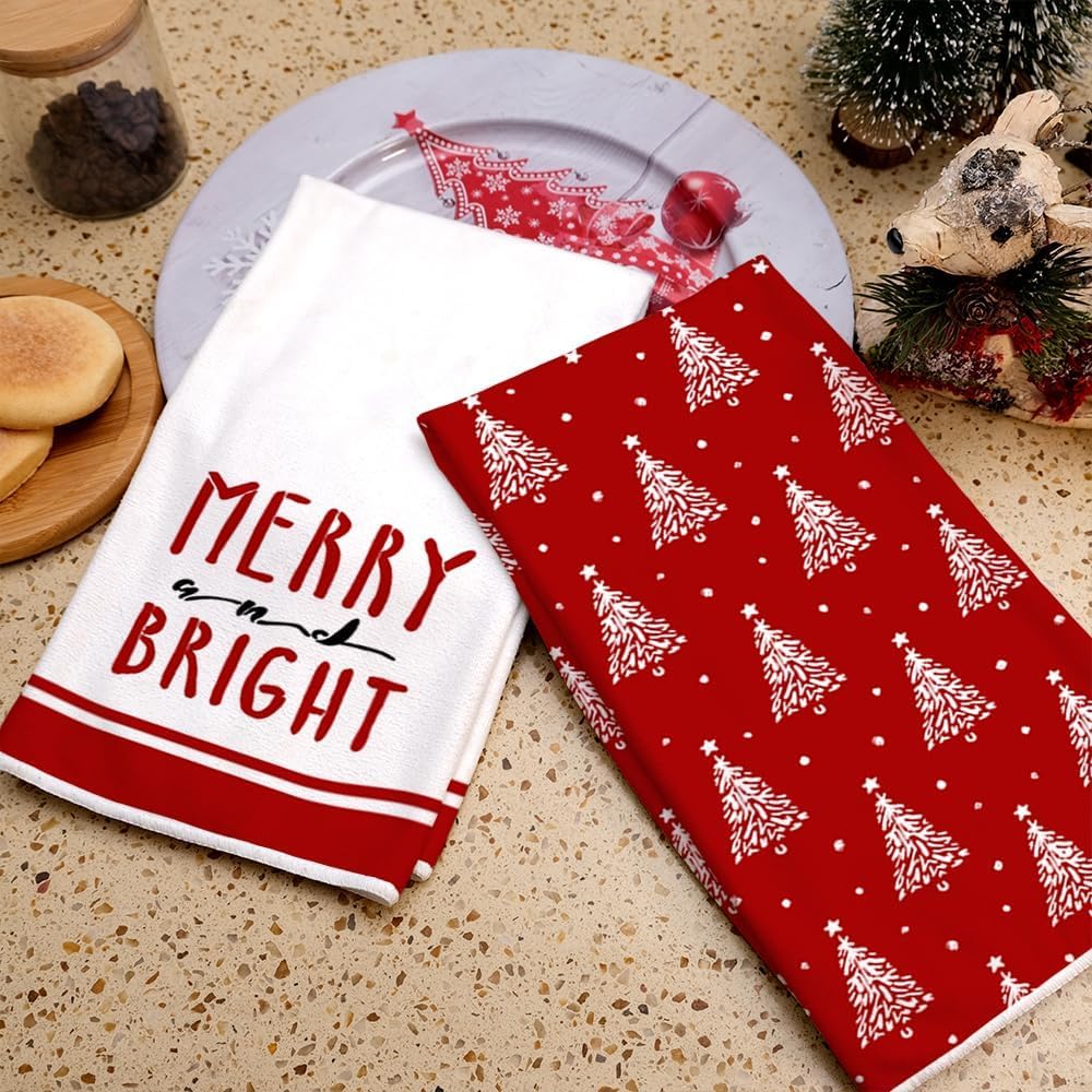 ARKENY Christmas Kitchen Towels Set of 2,Red Xmas Tree Dish Towels 18x26 Inch,Hoilday Farmhouse Home Decoration AD102