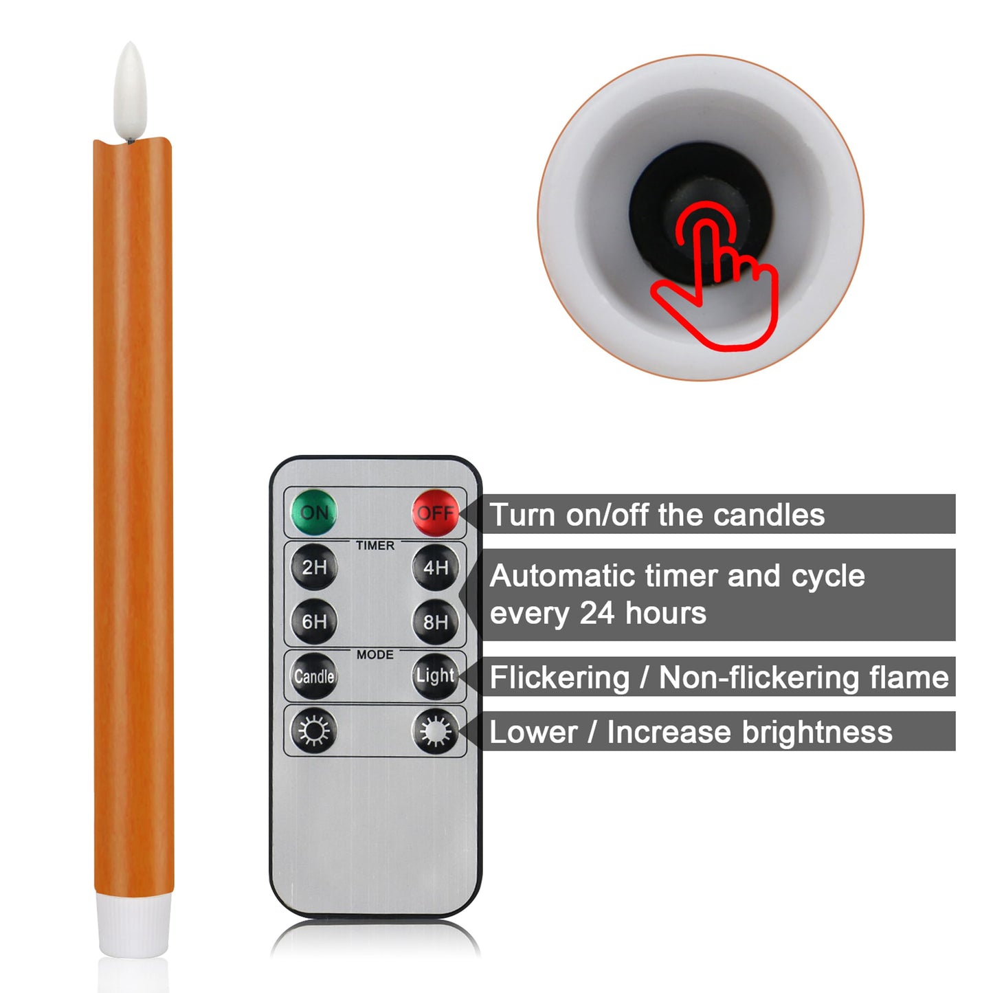 CVHOMEDECO. Real Wax Flameless Taper Candles with 10-Key Remote, Battery Operated Led Flickering 3D Wick Light Window Candles Home Christmas Party Decor 0.78 x 10 Inch, Pack of 2, Orange