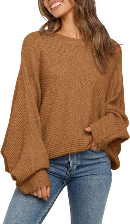 Mafulus Women's Oversized Crewneck Sweater Batwing Puff Long Sleeve Cable Slouchy Pullover Jumper Tops