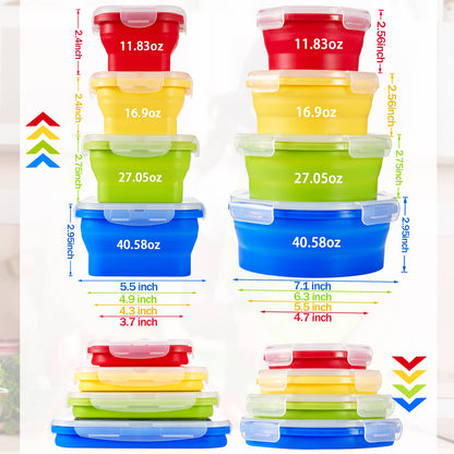 Zopeal 8 Pcs Collapsible Food Storage Containers Foldable Silicone Lunch Containers with Lids 4 Silicone Rectangle Collapsible Bowls and 4 Round Food Bowls Microwave Freezer Dishwasher Safe (Blue)