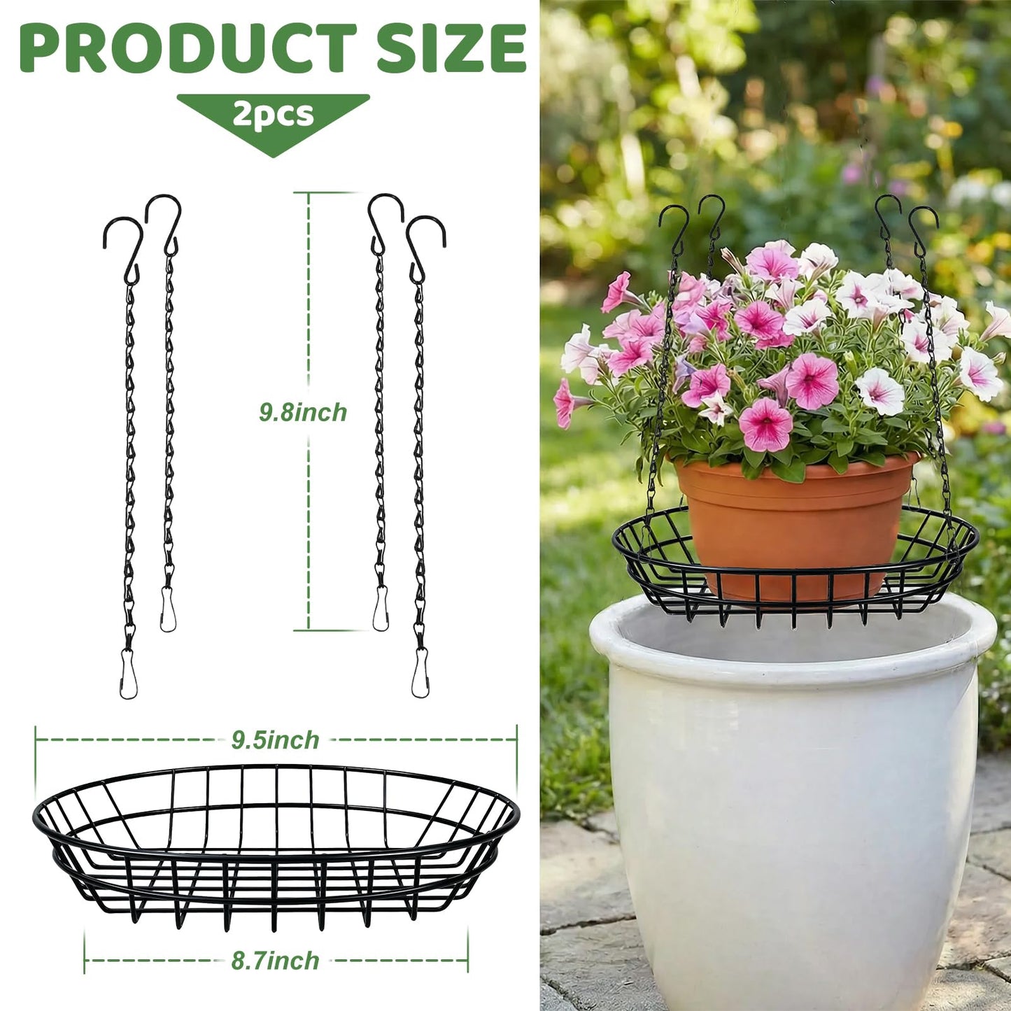 REDPOPO 2 Pack Adjustable Planter Insert for Large Pots 12-18 Inch, Stainless Steel Plant Riser with 4 S Hooks & Chains, Pot Filler for Tall Planters to Reduce Soil, Indoor Outdoor Rust Proof Plant Pot Riser for Round Square Planters