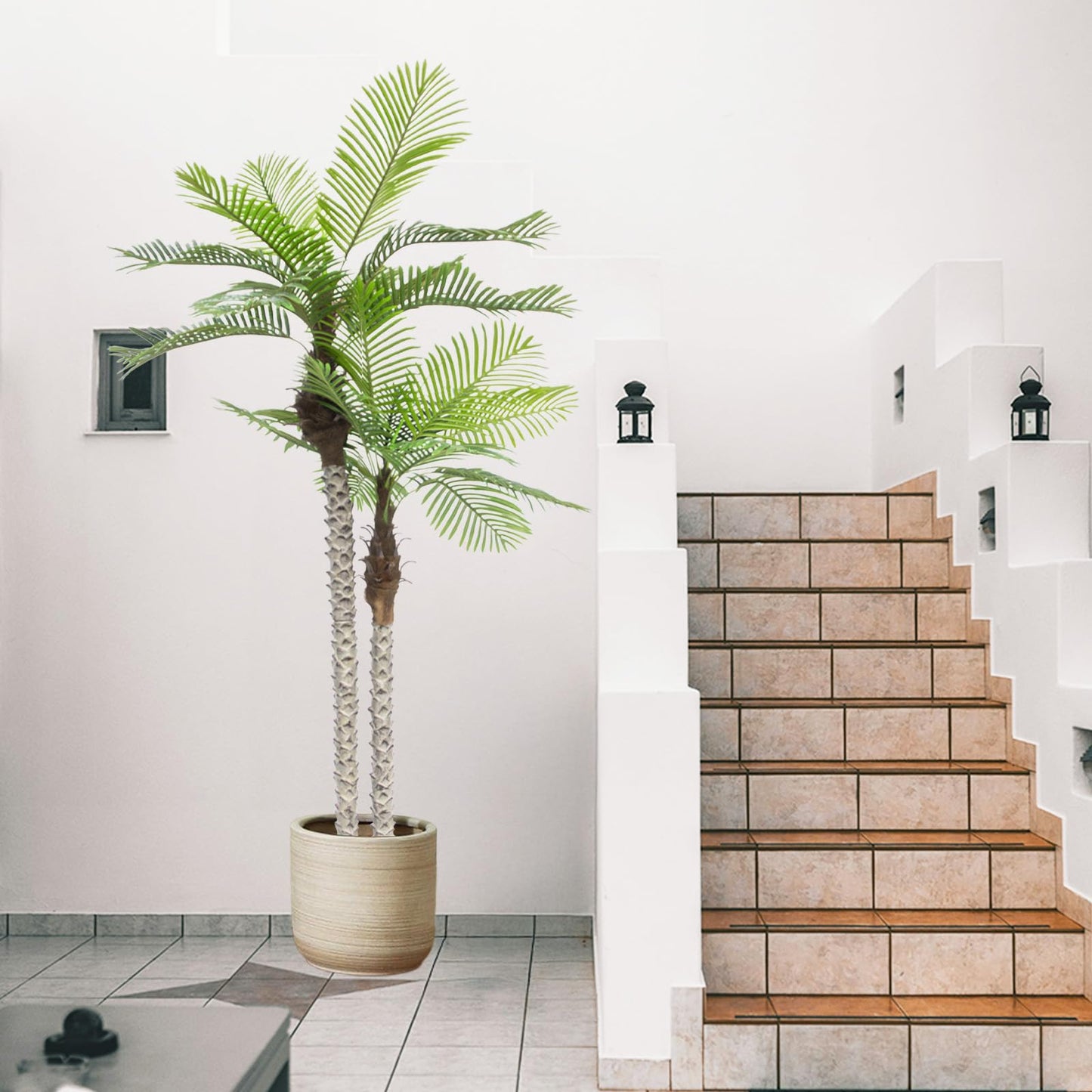 Haispring 8FT Artificial Palm Tree with Realistic Bark & Leaves, UV Resistant Faux Indoor Outdoor Palm Plant for Home, Office, Yard, Patio, and Living Room Decor (96 Inches)