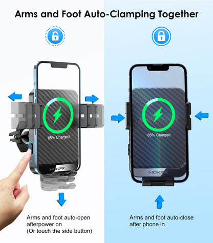MOKPR Car Phone Holder Wireless Charger, 15W Wireless Car Charger, Auto-Clamping Car Phone Holder Charger Air Vent Mount Compatible for iPhone 15/14/13/12/11/X/8, Samsung S22/S21/S20, etc