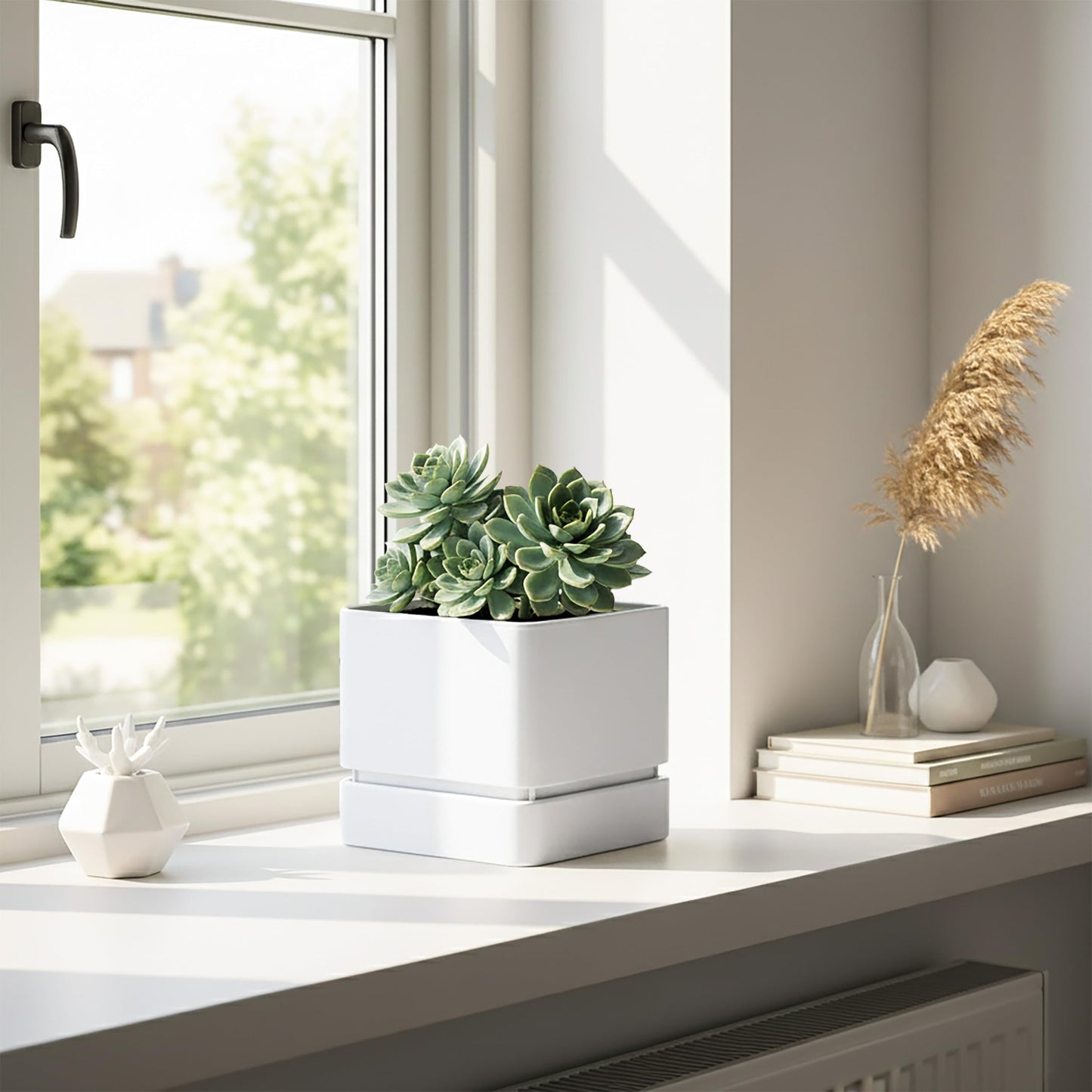 D'vine Dev 6 Inch Herb Planter Pot, Plastic Planter with Drainage Holes and Saucer, Modern Decorative Gardening Pot for Indoor Plants, Flowers, Herbs, Succulents, White, Set of 4, 76-Y-A4-2