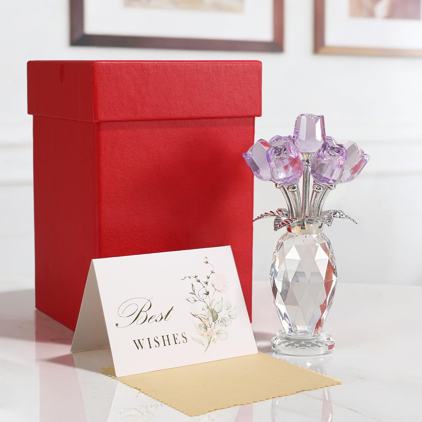 MysticGlitz Purple Crystal Rose Figurine in Faceted Vase - Hand-Polished 5.7" Glass Flower Statue Home Decor - Forever Rose Collectible for Mothers Day, Birthday, Wedding for Her