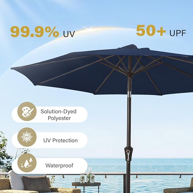 MEWAY 9ft Patio Umbrella Outdoor Table Umbrellas with Push Button Tilt and Crank, Market Umbrella 8 Sturdy Ribs for Deck, Garden, Pool and Backyard, Dark Blue