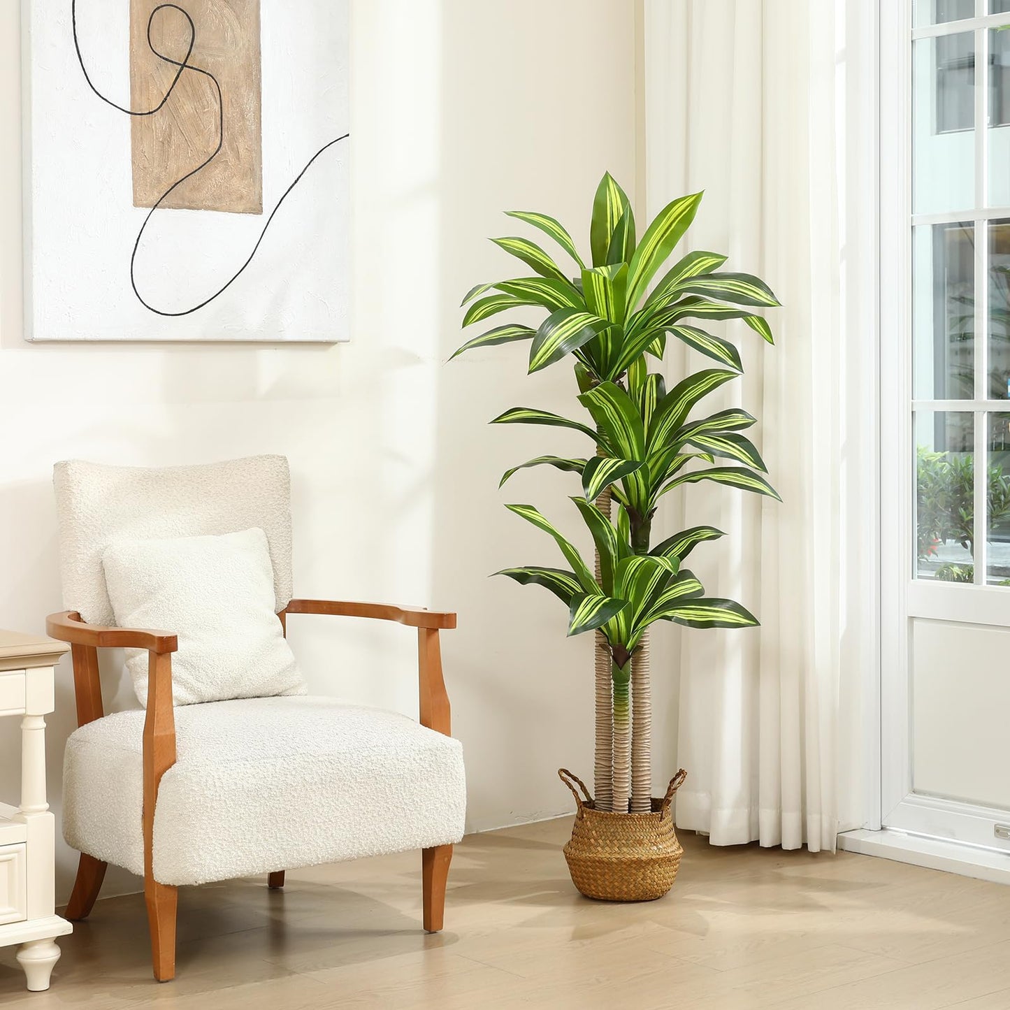 Ferrgoal Artificial Plants, 5 Ft Dracaena Tree Faux Plants Indoor Outdoor Decor Fake Tree with Woven Seagrass Basket Plants for Home Decor Office Living Room Porch Patio Housewarming