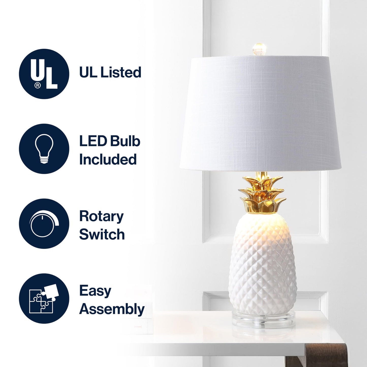 JONATHAN Y 23" White/Gold Pineapple Ceramic Table Lamp for Bedroom Decor, Modern Whimsical Bedside Nightstand Lamp with White Linen Drum Shade and LED Bulb (JYL4019C)
