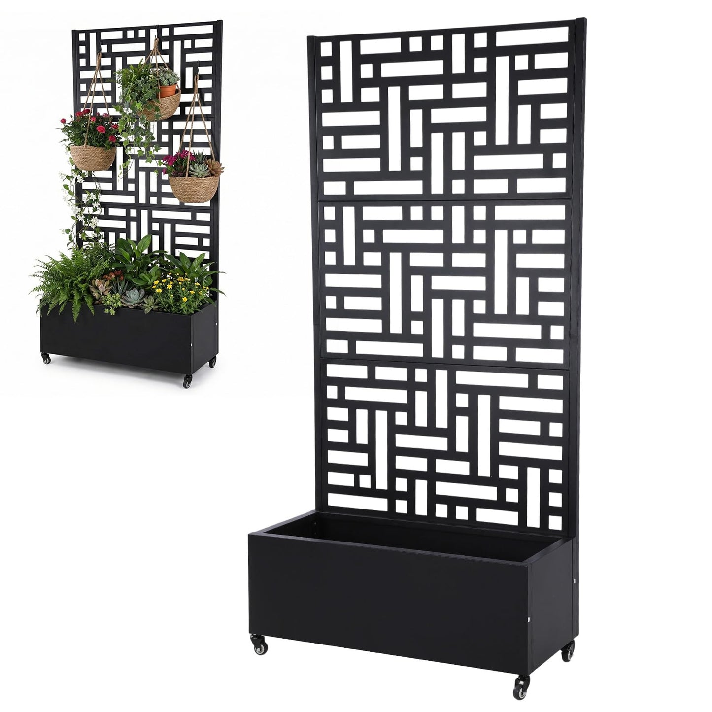 ALINUOYQ 70.87x35.43x15.75 Inch Metal Planter Box with Trellis and Wheels Raised Garden Bed with Drainage Holes Privacy Planters Suitable for Climbing Plants and Vegetables (02)