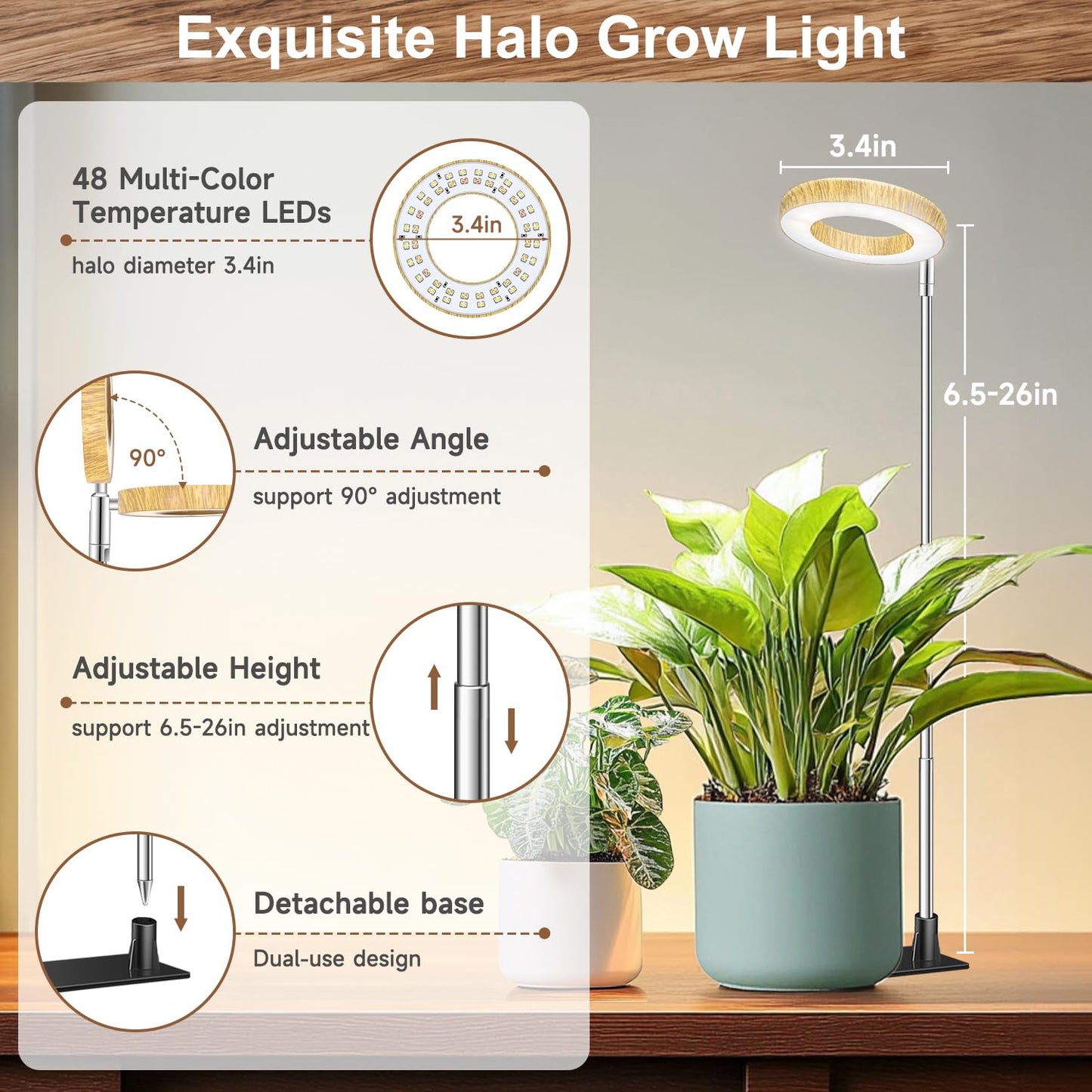 Aokrean Grow Light, 48 LEDs Full Spectrum Plant Lights for Indoor Growing, Height Adjustable Wood Grain Plant Grow Light with Base, 3 Optional Spectrums, Auto Timer 6/12/16Hrs, 5 Brightness