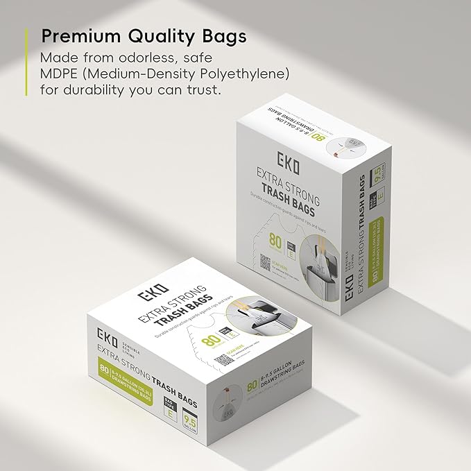 EKO Easy-Dispense Roll 80 Count Extra-Strong Drawstring Tall Kitchen Trash Bag