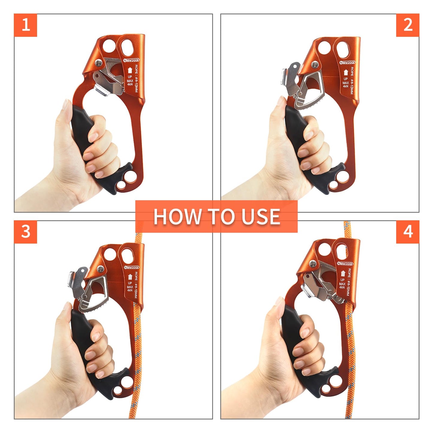 NewDoar Left Hand Ascender Rock Climbing Tree Arborist Rappelling Gear Equipment CE Certified Rope Clamp for 8~13MM Rope(Orange-Left)