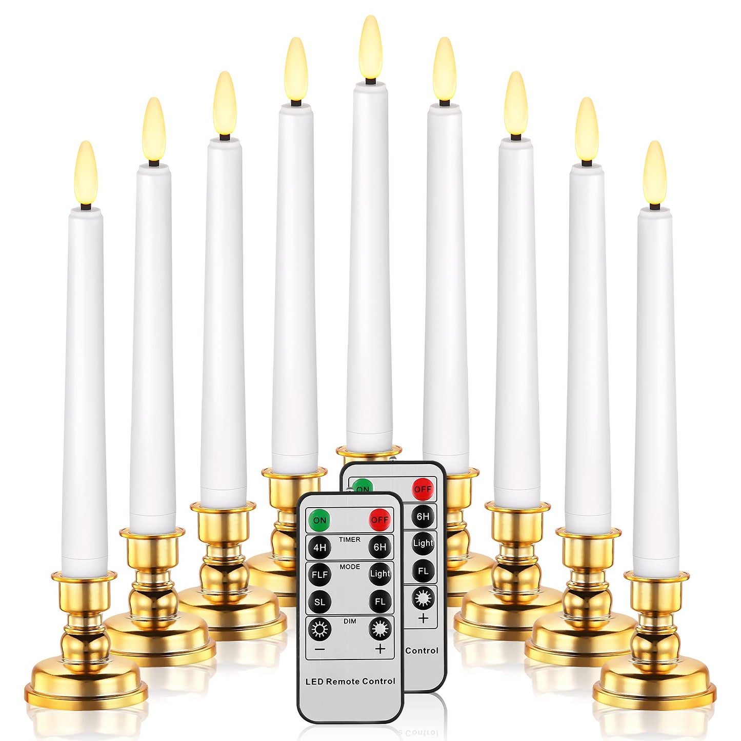 Daord LED Christmas Window Candle with 2 Remotes Battery Operated Flameless Taper Candles Warm Light Flickering and Timer for Wedding Party Holiday Home Table Decoration (9 Packs,White+Gold Holder)…