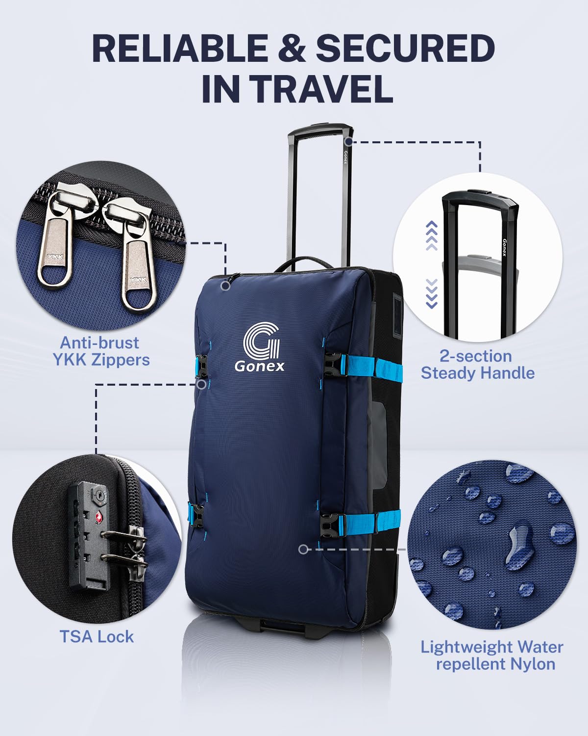 Gonex Rolling Duffle Bag with Wheels, Water-repellent 90L Nylon Large Wheeled Travel Duffel Luggage with TSA Lock & Telescopic Handle 30 inch, Dark Blue
