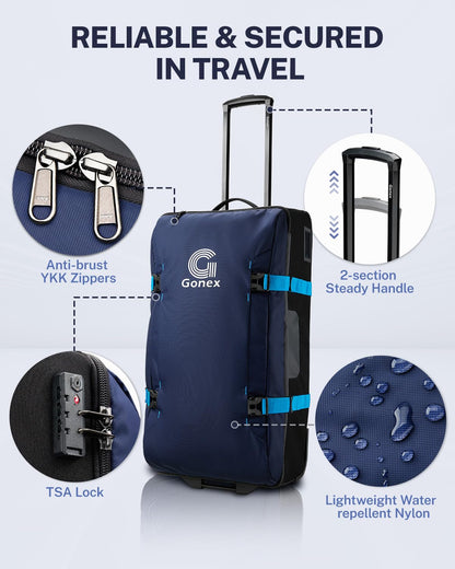 Gonex Rolling Duffle Bag with Wheels, Water-repellent 90L Nylon Large Wheeled Travel Duffel Luggage with TSA Lock & Telescopic Handle 30 inch, Dark Blue