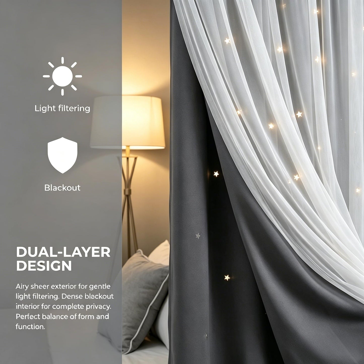 Kinryb Grey Star Curtains for Bedroom Star Hollow Out Blackout Curtains for Kids Room Decor Double Layer Cut Out Window 2 Panel with Tiebacks 52W x 84L Grey