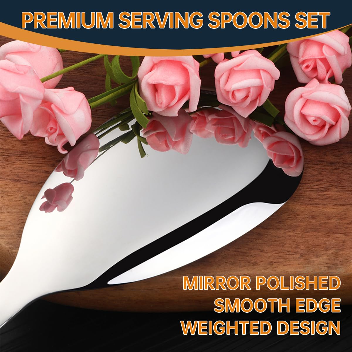 13-Inch Large Stainless Steel Serving Spoons Set, Long Handle Buffet Utensils, Dishwasher Safe (Silver, 8 piece)