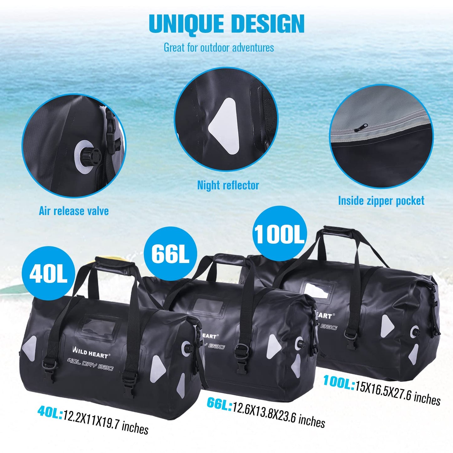 WILD HEART Waterproof Travel Bag PVC500D Double Base with Rope Strap and Inner Pocket 40L 66L 100L, Black, 40L, Waterproof Travel Bag