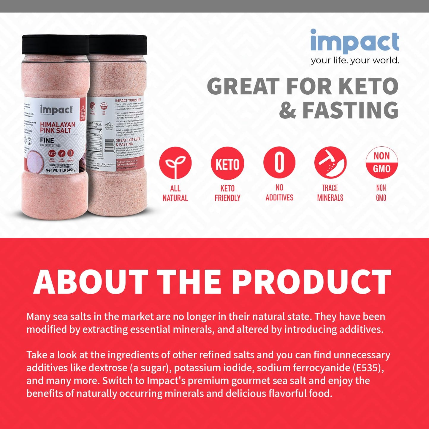 Impact - Fine Himalayan Pink Sea Salt - No Additives Rich in Trace Minerals Non-GMO Gluten-Free Ideal for Low-Carb Fasting Cooking - 1lb Shaker