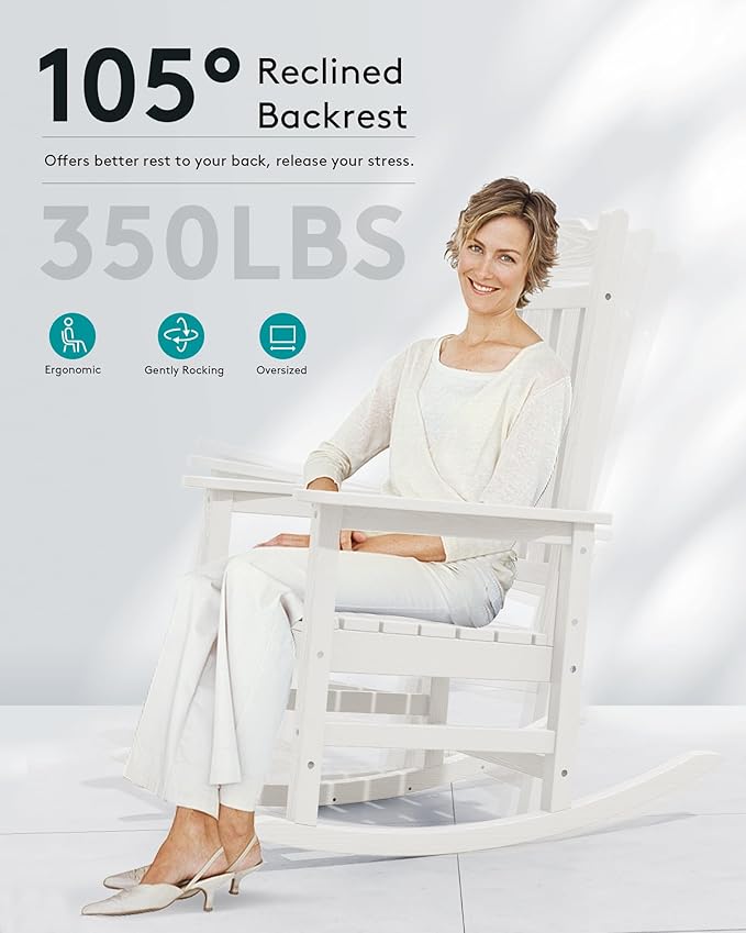 SERWALL Oversized Outdoor Rocking Chair Set of 2, HDPE Outdoor Rocking Chair for Adults, White