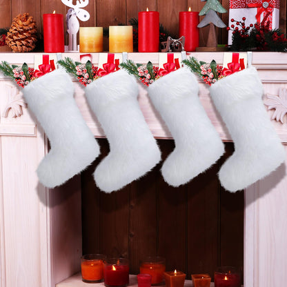 JOVITEC 4 Pcs 20 Inch White Christmas Stockings Faux Fur Snowy Christmas Stockings Xmas Fireplace Hanging Stocking Candy Gift Bags for Holiday Decorations