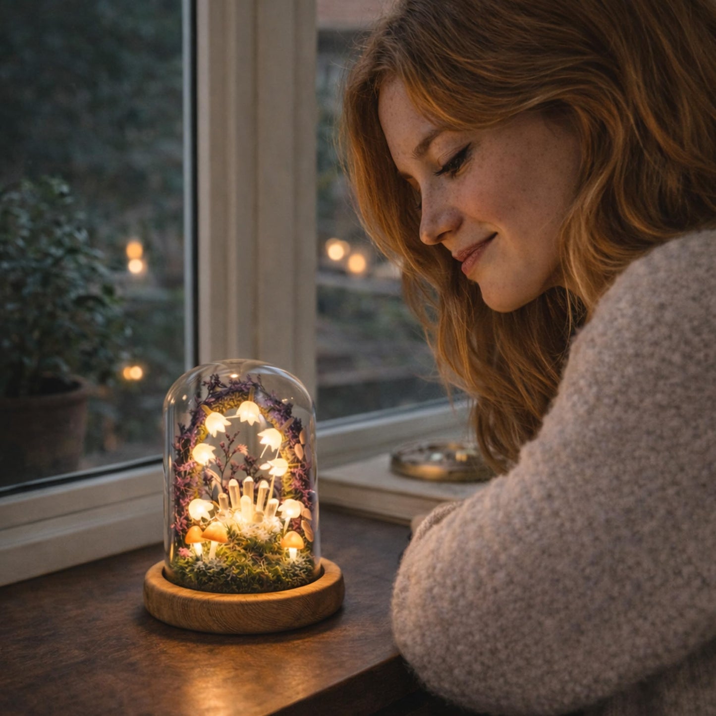 Nordic Notch Mushroom Night Light Lamp - Handmade Glass Dome Fairy Light with Solid Wood Base, USB or Wireless, Cozy Aesthetic Bedside Table Decor, Unique Gift | Purple Rain