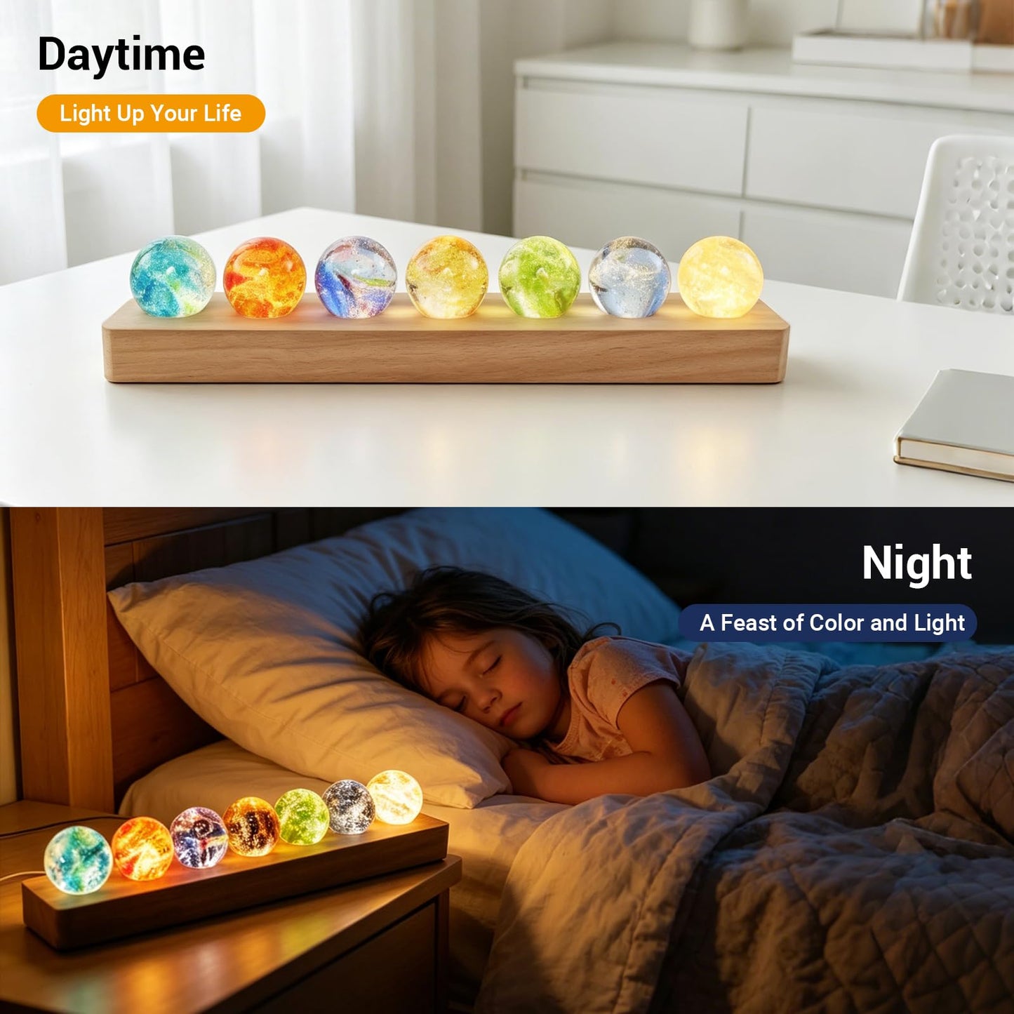 LOSCHEN 7 Chakra Natural Healing Spheres with LED Wooden Stand 40mm Crystal Quartz Stones for Meditation Energy Balancing Decor, Yoga Zen Home Office Desk Ornament