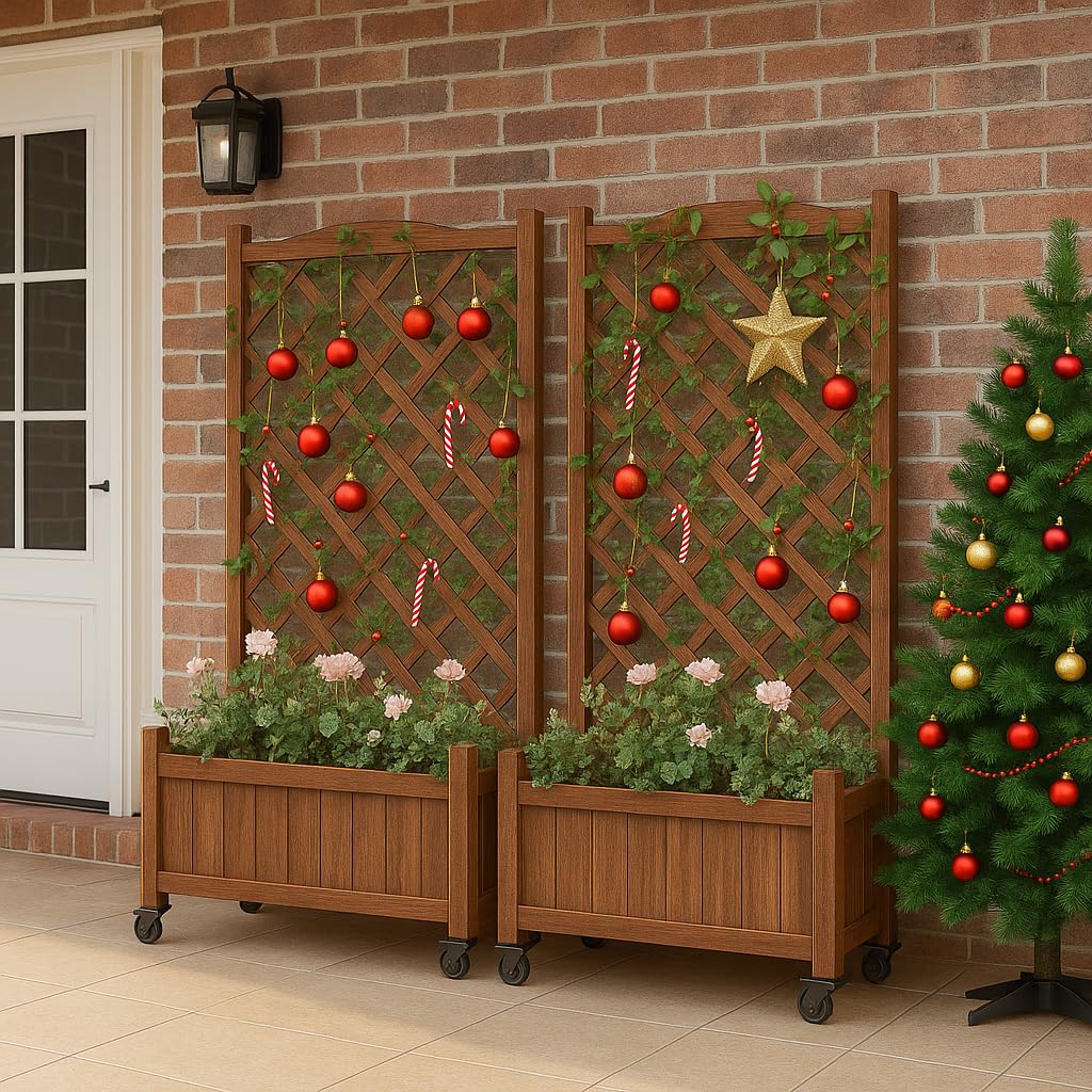 ScienGarden Upgraded 2-Pack 50" Tall Trellis Planter Box with Wheels, 49.8"H × 27.6"W × 13.0"D Solid Fir Wood Raised Garden Bed & Lattice Privacy Screen, Rolling Planter with Drainage for Patio/Garden