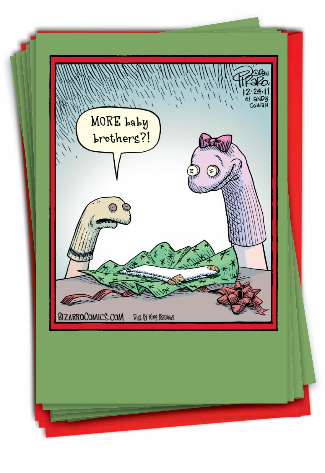 NobleWorks - Box of 12 Cartoon Christmas Cards Funny - Bulk Pack of Holiday for Xmas, Humor Notecard Set 1x12 Designs - little one Sock Brothers B1852