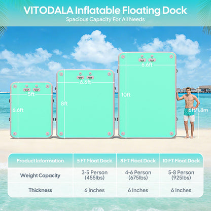 Inflatable Floating Dock, Water Island Float Raft Mat with Non-Slip Surface, 10FT Air Deck Platform, 6 Inch Thick for Pool, Lake, River, Beach, Ocean (Mint Green)