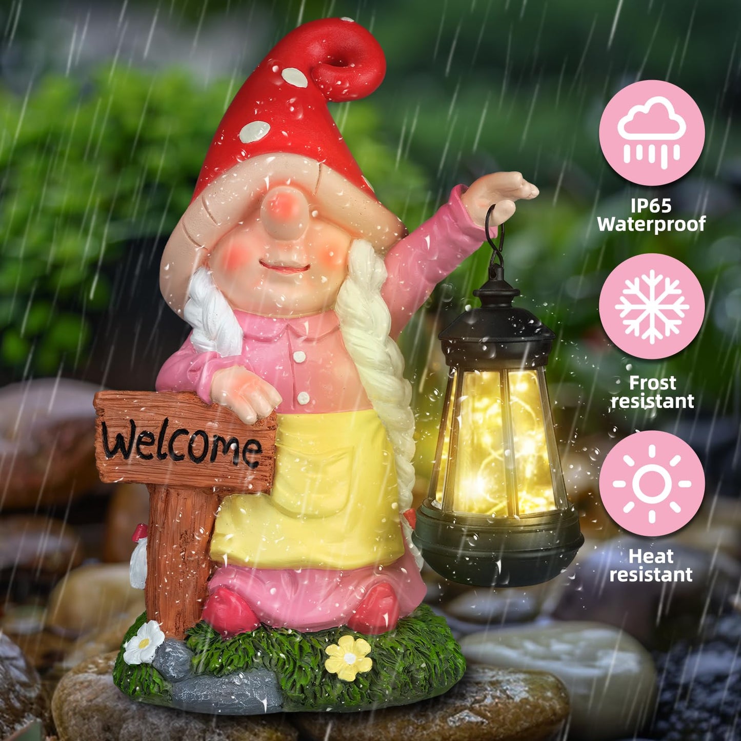 FLJZCZM Solar Garden Gnome Statue Holding LED Lantern with Welcome Sign Outdoor Ornaments Waterproof Christmas Decoration for Outside Patio Yard Lawn Decor (Pink)