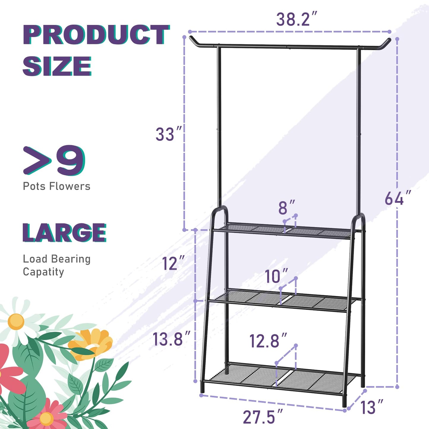 Wieghda Metal Plant Stand Indoor Outdoor, 3 Tier Tall Corner Plant Shelf, Hanging Flower Ladder for Living Room, Balcony, Garden, Patio (Black)