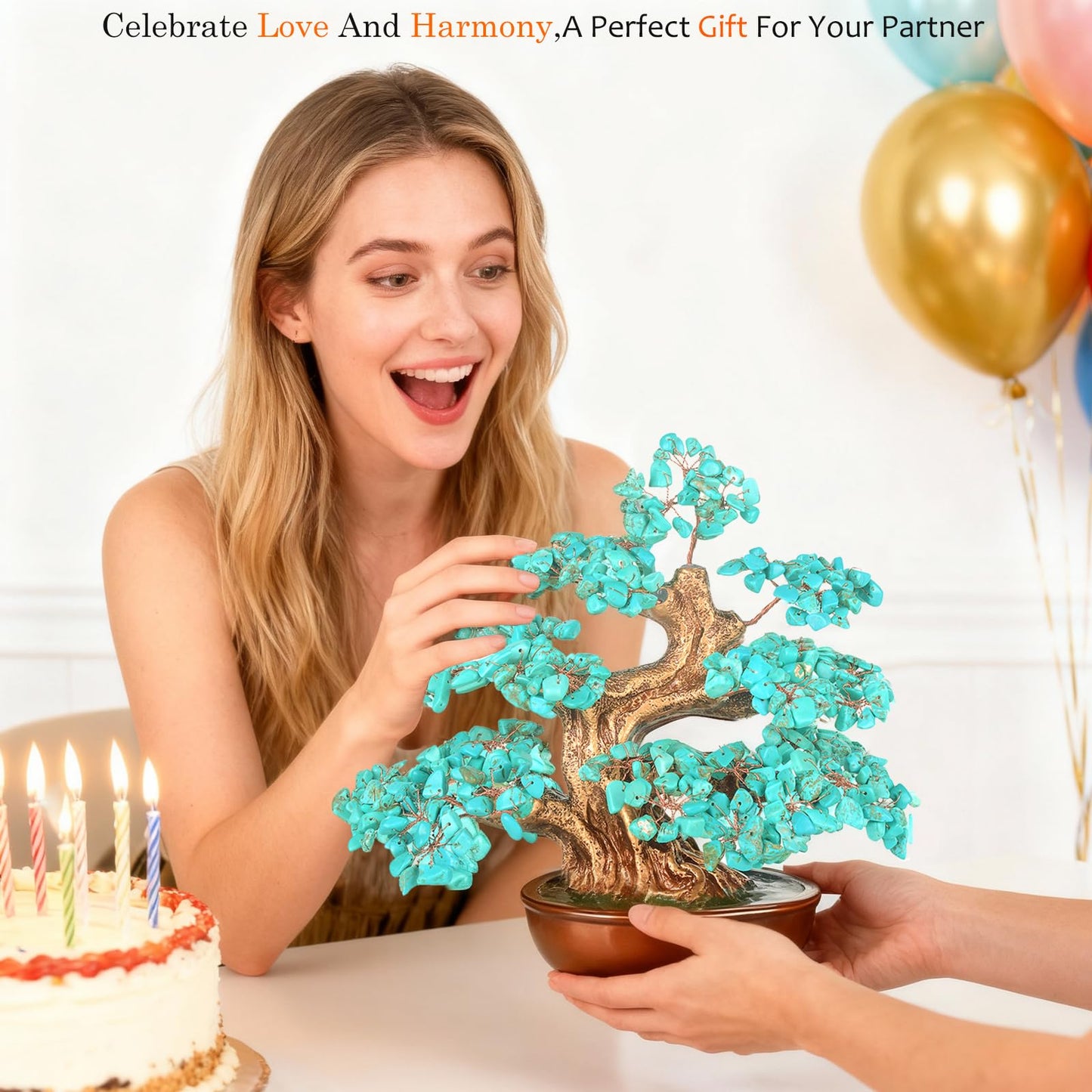 MASGEMES Howlite Turquoise (360 Large Beads) Crystal Tree Bonsai – Throat Chakra Healing Tree of Life, Feng Shui Positive Energy Decor for Home Office & Meditation Spaces 8''